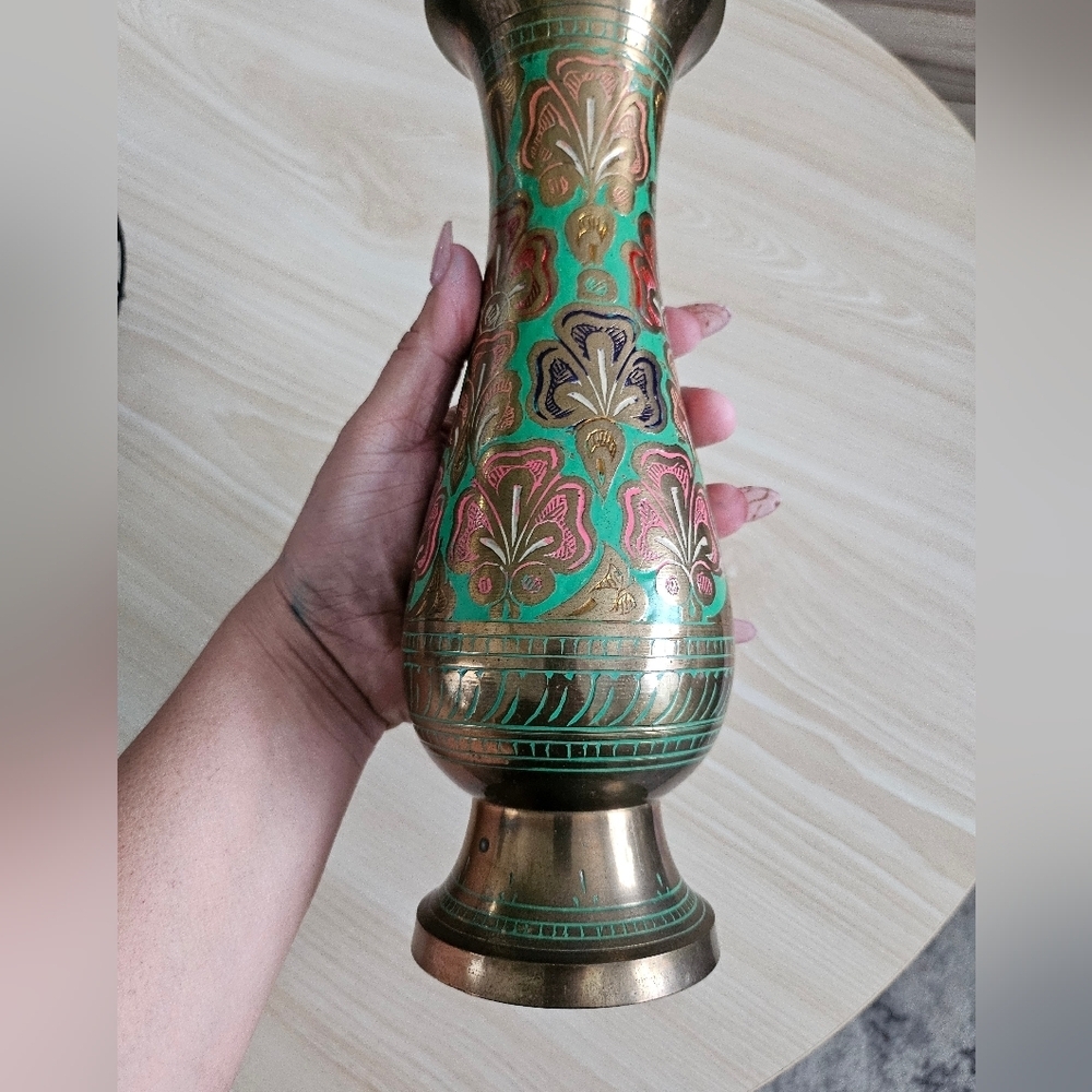 Antique Decorative Brass Floral Vase 9" - Picture 6 of 10